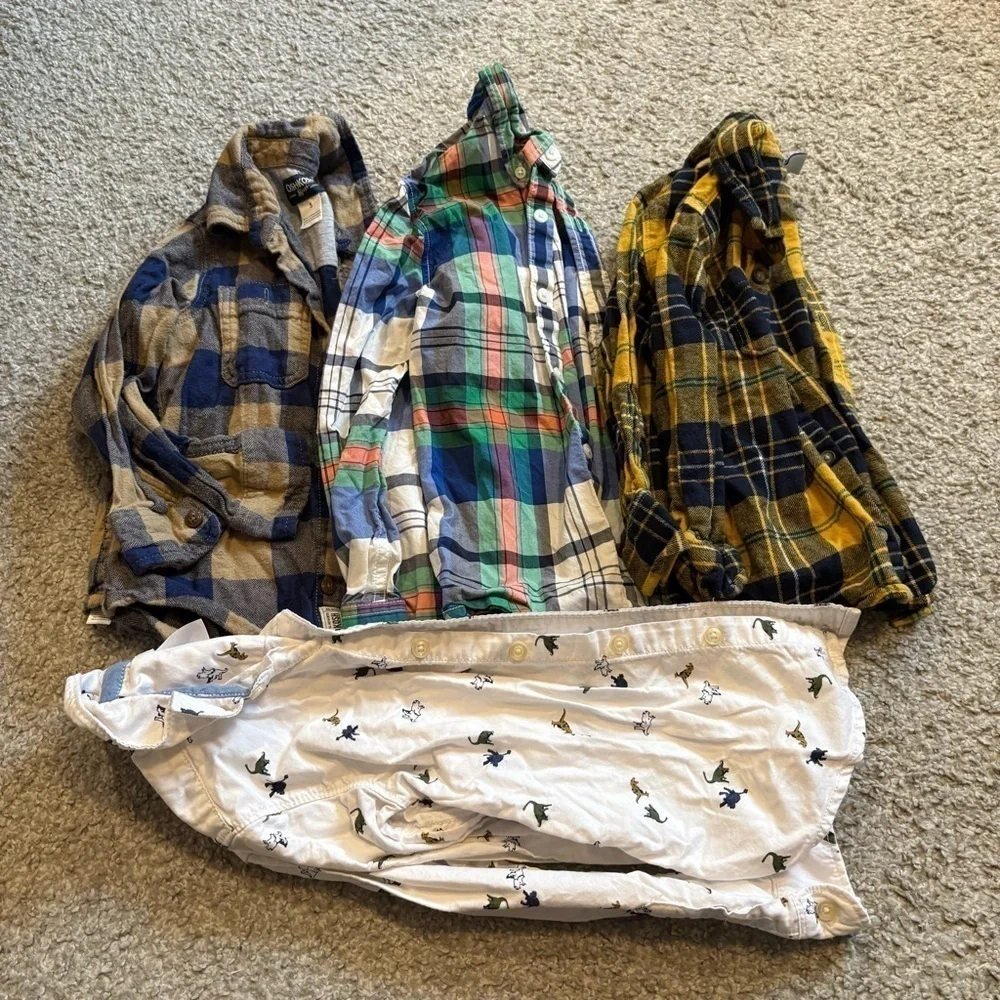 Size 5 Button Down Shirt Bundle Boys Dinosaur Plaid Yellow Blue Carter Gymboree
